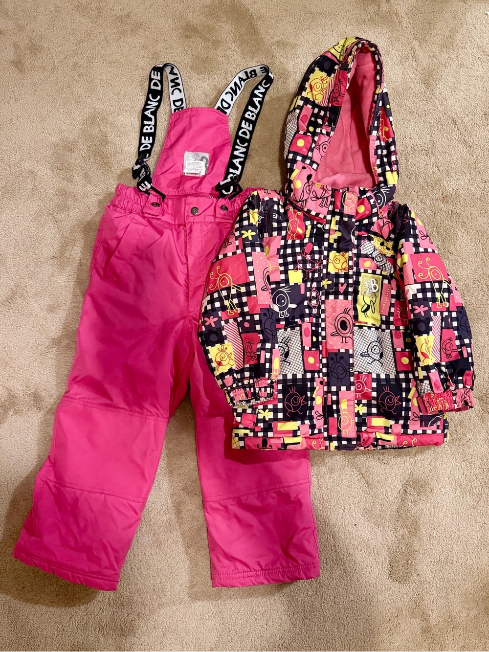 Girls' Pink Patterned Hooded Winter Jacket with Pink Snow Bib Pants